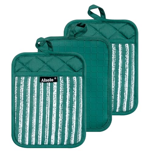 Silicone Pot Holders Set of 3 Heat Resistant & Non Slip Potholders (Emerald Green)