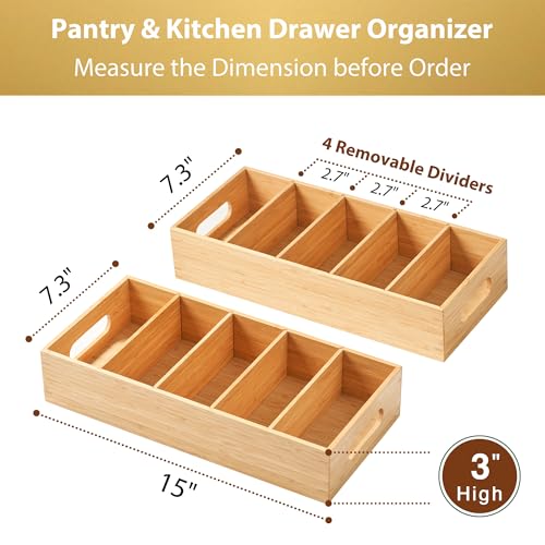 Large Bamboo Pantry Organizers and Storage Bins with Removable Dividers (15" x 7.3")