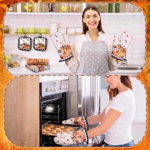 10 Pcs Fall Pumpkin Kitchen Decor Set Kitchen Towels Pot Holders Oven Mitts and Rugs Set Thanksgiving Towels for Baking Cooking BBQ Autumn Home (Beige, Orange / Vintage)