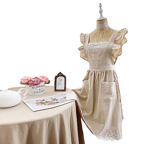 Cute Cotton Apron Frilly Lace Ruffle Adjustable Pinafore Apron Dress with Pockets for Cooking Baking Cleaning Gardening (Beige)