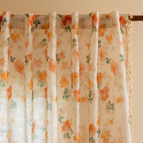 Floral Boho Linen Curtains 96 inch Long 2 Panels Set Farmhouse Vintage French Orange Printed Semi Sheer Light Filtering Window Drapes with Tassels Back Tab for Living (Orange / 50"W x 96"L (Pack of 2))