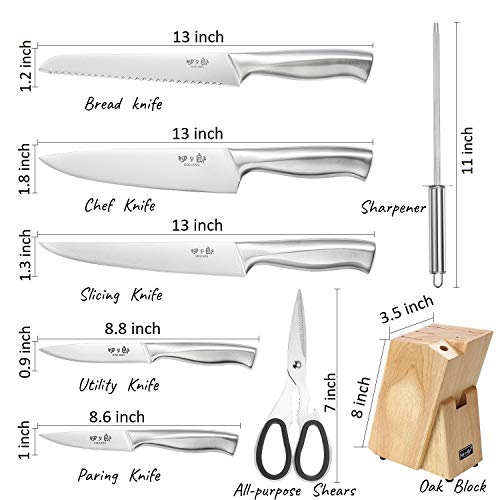 Knife Set 8 Piece German Stainless Steel Hollow Handle Manual Knife Sharpener Forged Kitchen Knives Set with Oak Wooden Block Gift