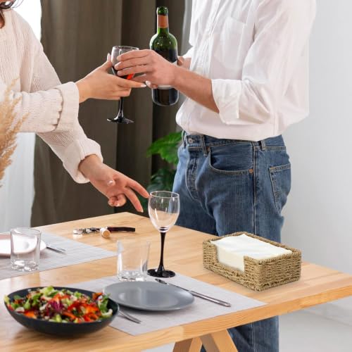 Bathroom Disposable Guest Towel Napkin Holder Long Seagrass Woven Rattan Wicker Table Dinner Paper Hand Guest Towel Napkin Basket Tray Caddy for Kitchen (L9.3" X W5.5" X H2.8")