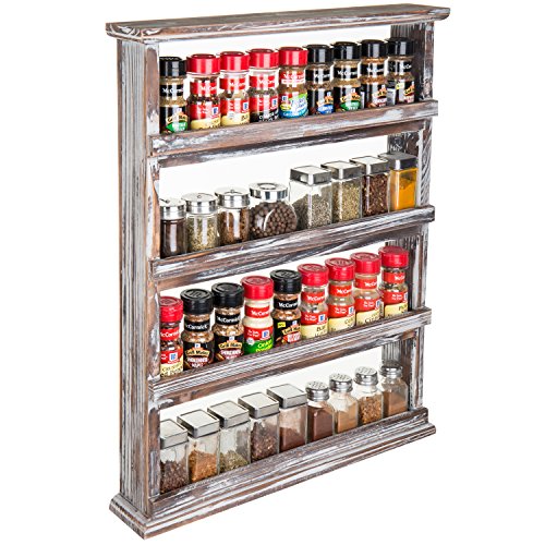 4 Tier Torched Wood Spice Rack Wall Mount Rustic Seasoning Shelf
