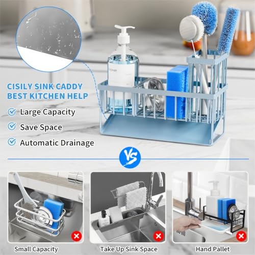 Sink Caddy Organzier with High Brush Holder (Grey Blue / 9.25 inches)