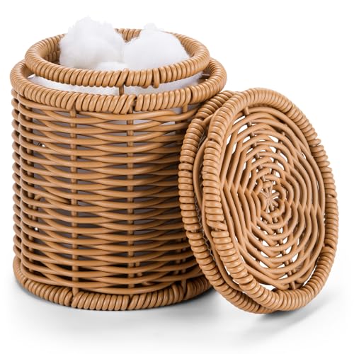 Rattan Q tip Holder with Lid (3.94" x 3.94" x 4.73")
