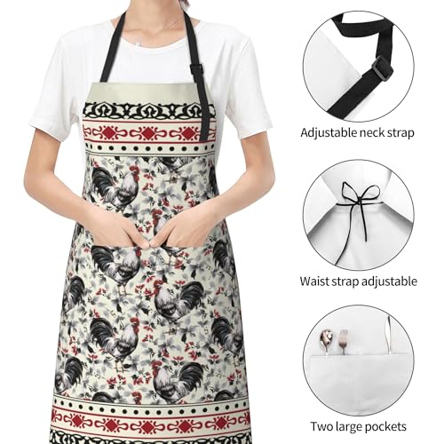 Farm Rooster Aprons for Women (33" x 28"(Pack of 1) / Farm Rooster White)