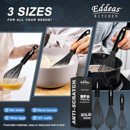 Whisks For Cooking Up To 500°F Silicone Whisk tool Non (7+9+11 inch / Black 3Pcs)