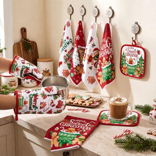 10 Pcs Christmas Gingerbread Man Kitchen Decor and Accessories Set Kitchen Towels Pot Holders Oven Mitts and Rugs for Baking Cooking BBQ Mom Housewarming Gifts (White,green,red / Cute Gingerbread Man)