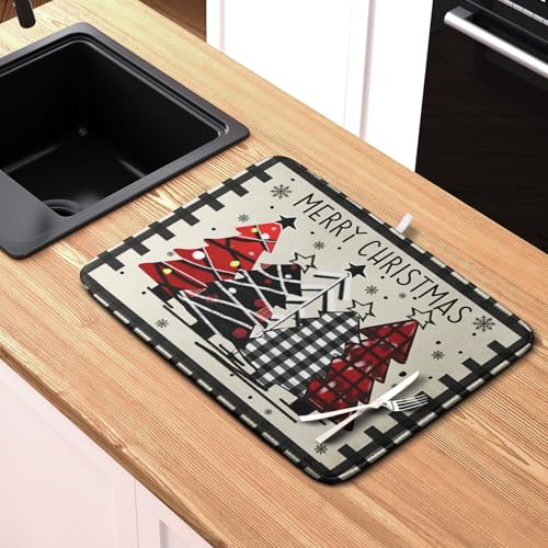 Merry Christmas Dish Drying Mats for Kitchen Counter 16x18 Buffalo Plaid Christmas Tree Microfiber Absorbent Drying Mat Seasonal Winter Holiday Drying Pad Dish Drainer Mat for Coffee Bar Sinks (Christmas -A / 16" x 18")