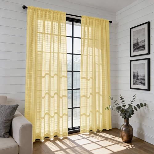 Check Sheer Curtains 108 Inches Long for Living Room (Check - Yellow / 52"W x 108"L (Pack of 2))