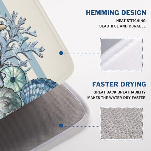 Nautical Coastal Dish Drying Mat for Kitchen Counter Summer Beach Seashell Starfish Microfiber Dish Drainer Mat Ocean Blue Pattern Absorbent Washable Drying Pad Extra Large 18"x24" (Summer Seashell / 24" x 18")