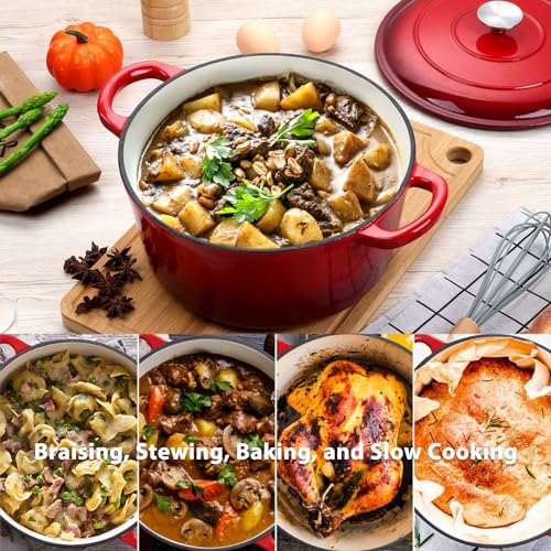 Enameled Cast Iron Dutch Oven with Lid (6 QT-Round / Red)