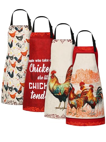 4 Pcs Rooster Aprons for Women with Pockets Rustic Farmhouse Apron (Rooster / Red)