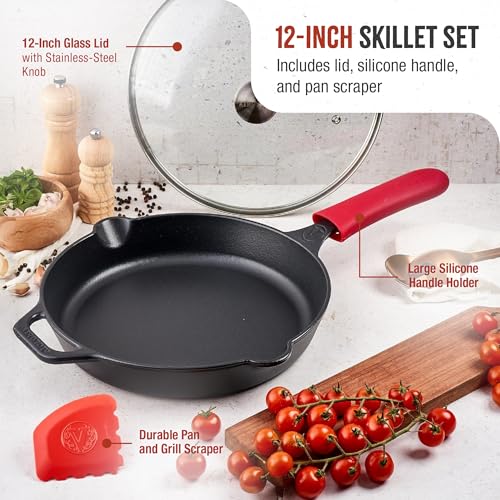 12 Inch Cast Iron Skillet Set with Tempered Glass Lid (12 Inch Set)