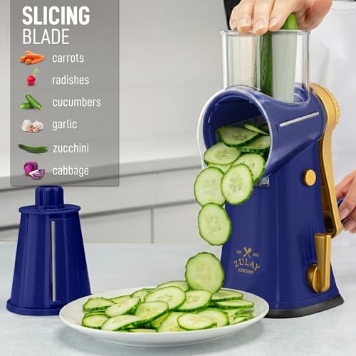 Rotary Cheese Grater Manual Hand Crank 5 Blade Shredder (5 Blades / Blue and Gold)