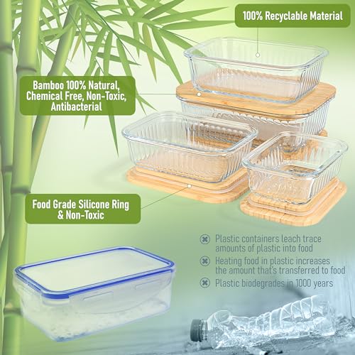 Ribbed Glass 4 Stackable Meal Prep Containers with Bamboo Lids (Light Beige)