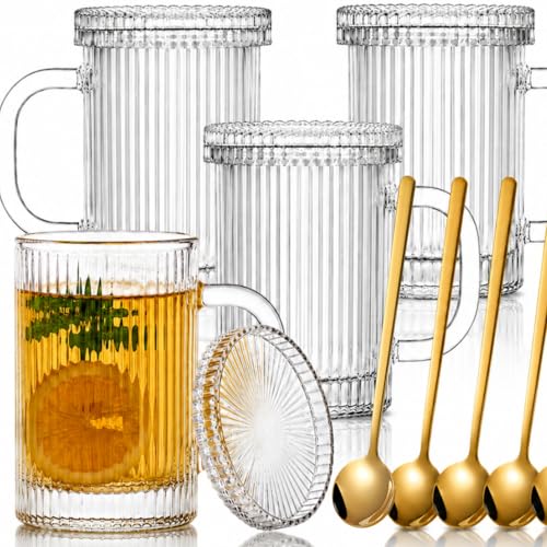 4 Pack Glass Coffee Mugs with Lid and Spoon