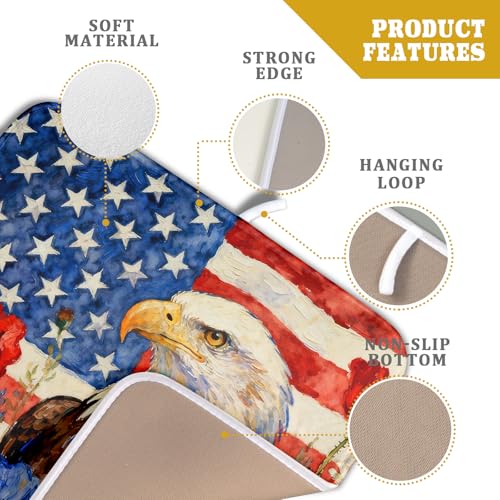 4th of July American Flag Eagle Dish Drying Mat for Kitchen Counter 16x18 Patriotic Floral Memorial Day Absorbent Reversible Microfiber Drying Mats Kitchen Countertop Protector Dishes Drainer Pad (16" x 18")