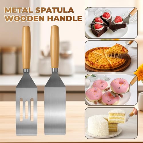 2Pc Stainless Steel Mini Spatula Wooden Handles Cooking Baking Serving (1PC SOLID+1PC SLOTTED)