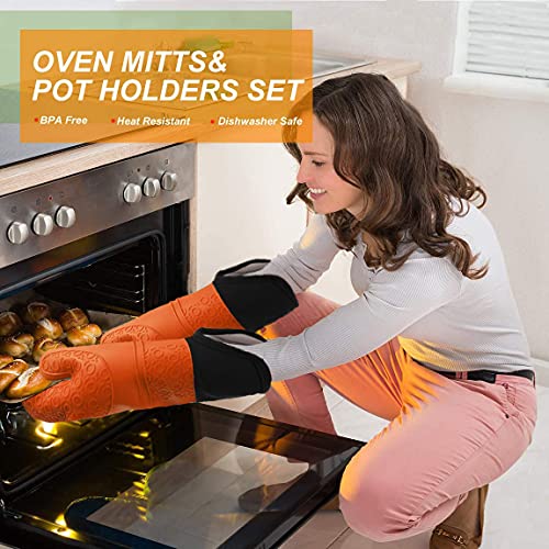 6pcs Silicone Oven Mitts and Pot Holders Sets for Kitchen (Orange)