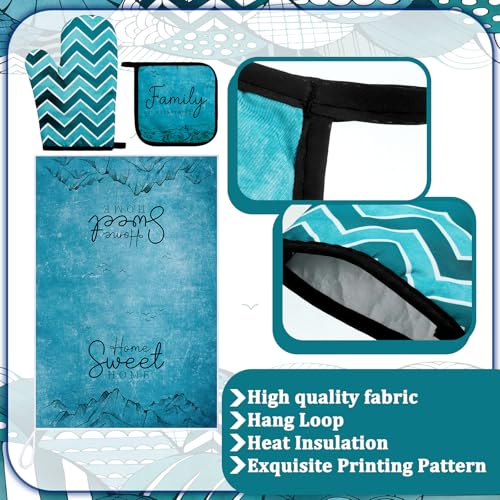6 Pcs Boho Mountains Kitchen Towels Oven Mitts and Pot Holders Set Decorative Dish Towels Tea Washcloth Non Slip Heat Resistant Oven Gloves for Summer Home Cooking Baking (Turquoise / Boho Mountains)