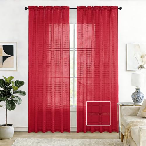 Check Sheer Curtains 54 Inches Long for Living Room (Check - Red / 52"W x 54"L (Pack of 2))