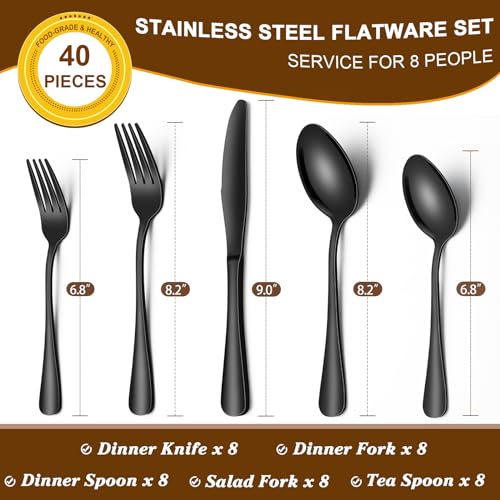 40 Piece Black Silverware Set Service for 8 (Black)