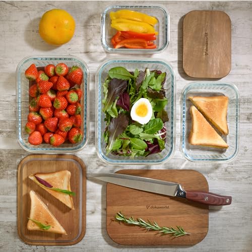 Ribbed Glass 4 Stackable Meal Prep Containers with Acacia Lids (Charcoal Brown)