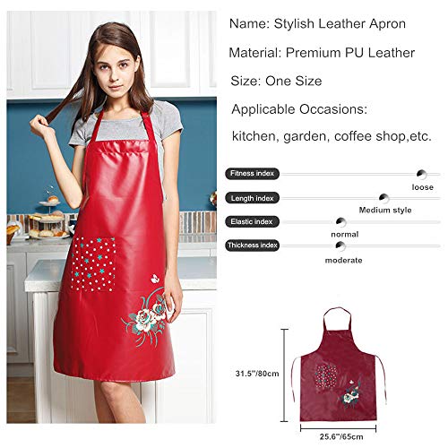 PU Kitchen Oil and Waterproof Aprons for Women with Pocket (Red)