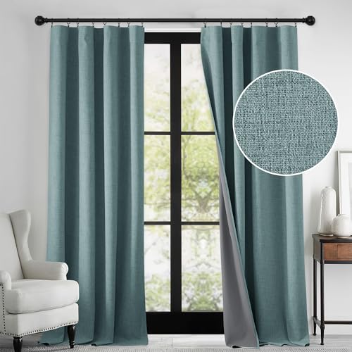 100% Blackout Linen Textured Curtains 84 inches Long (Misty Blue / 52"W x 84"L (Pack of 2))