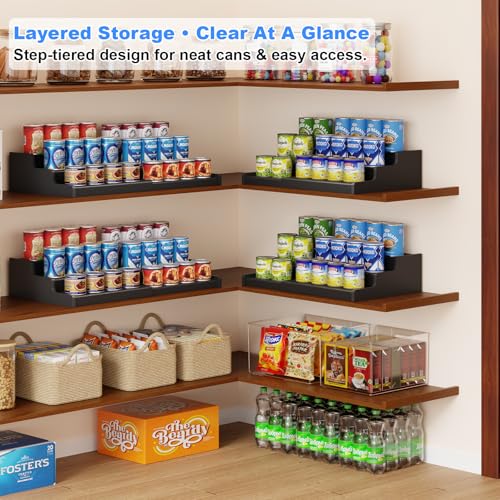 3 Tier Expandable Bamboo Can Organizer for Pantry (12.4"-24"W × 10.8"D × 4.5"H / Black)