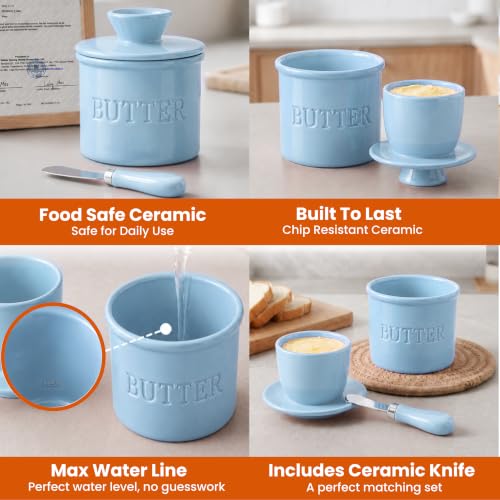 Butter Crock with Lid for Countertop with Spreader Knife and Water Line (Light Blue / Regular)