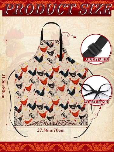 4 Pcs Rooster Aprons for Women with Pockets Rustic Farmhouse Apron (Rooster / Red)