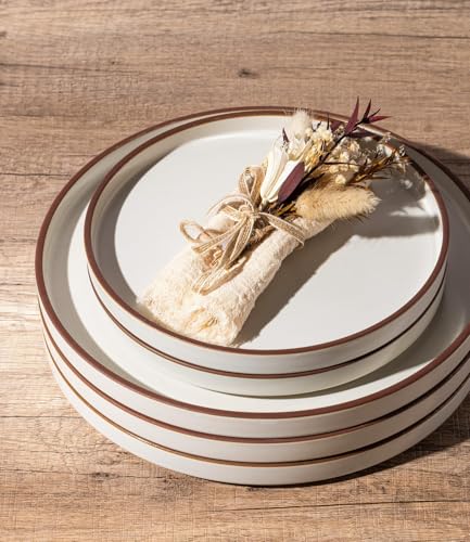 Ceramic Salad Plates Set of 6 (Dusted White-Coffee Rim / 8.0Inch-6pcs)
