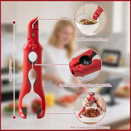 2-in-1 Silicone Kitchen Clamp with Bottle Opener, Heat Resistant Silicone Tongs, Dual-Head Design for Microwave Air Fryer Steamer, Non-Slip Grip Dish Grabber, Easy Open Jar Lid, Dishwasher Safe (1PCS)
