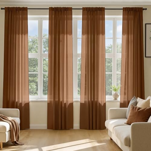 Dark Brown Sheer Curtains 108 Inches Long 4 Panels 42 x 108 Inches (42"W x 108"L (Pack of 4) / Dark Brown)