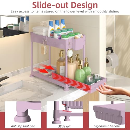 4-Pack 2-Tier Under Sink Organizer with Pull Out Drawers (Pink / 12.8 Inch)