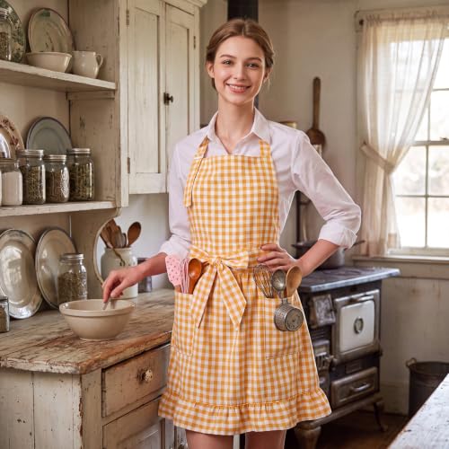 Vintage Apron Ruffle Dress Women 2 Pockets (Yellow / Gingham)