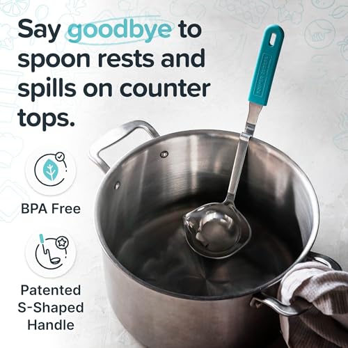 Soup Ladle Stainless Steel with Silicone Grip & Pot Hook (Aqua / Ladle 1-Pack)