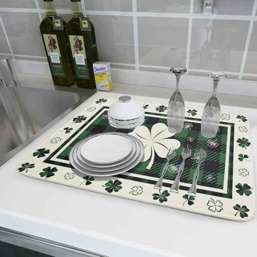 Patrick Clovers Dish Drying Mat 18"x24" Lucky Shamrock Spring Leaf Dish Drainer Mats Green Black Buffalo Plaids Absorbent Microfiber Dish Drying Pad for Kitchen Countertop Large Decor (24" x 18")