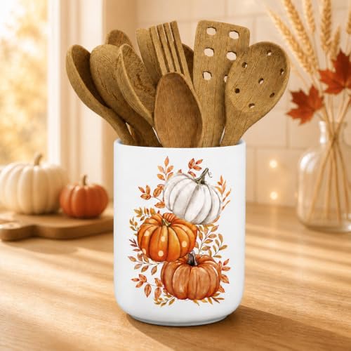 Fall Ceramic Utensil Holder Watercolor Pumpkin Leaves Utensil Crock for Autumn Harvest Thanksgiving Home Kitchen Countertop Storage Organizer Container