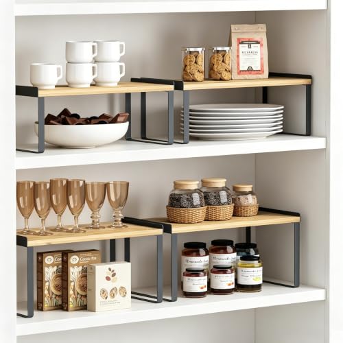 Kitchen Cabinet Shelf Organizer Set of 4 (Large / Black-bamboo)