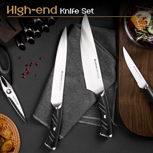 Knife Set Kitchen Knives Set with Block and Dual Sharpener Full Tang 15 Pcs German Stainless Steel Sharp Blade Dishwasher Safe with Ergonomic Handle (Premium Black Pro（Ultra Sharp）with Dual Sharpener)