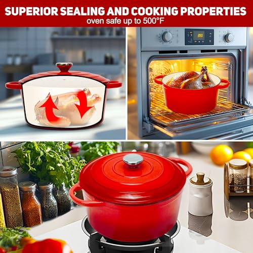 5QT Enameled Cast Iron Dutch Oven for Bread Baking with Lid (Red / 5 QT (Bread Pan))