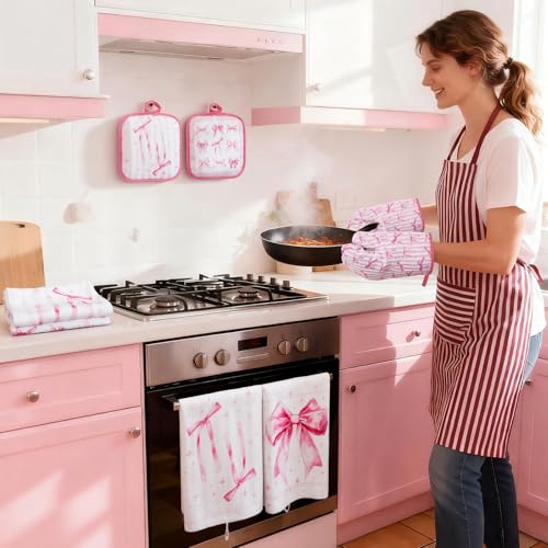 13 Pcs Pink Bow Kitchen Decor Set 3 Coquette Kitchen Curtains Valance 2 Aesthetic Rugs and Mats 4 Girly Hand Towels 2 Pink Pot Holders 2 Oven Mitts for Home Decor Cooking Grilling Housewarming Gift (Pink Bow)
