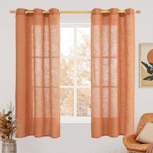 Burnt Orange Semi Sheer Linen Curtains 63 Inch Length 2 Panels (34"W x 63"L (Pack of 2) / Burnt Orange)