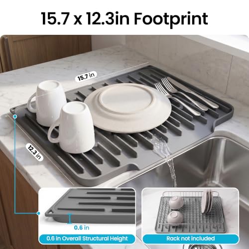Foldable Silicone Dish Drying Mat for Kitchen Counter & Sink (Dark Gray / 15.7" x 12.3")