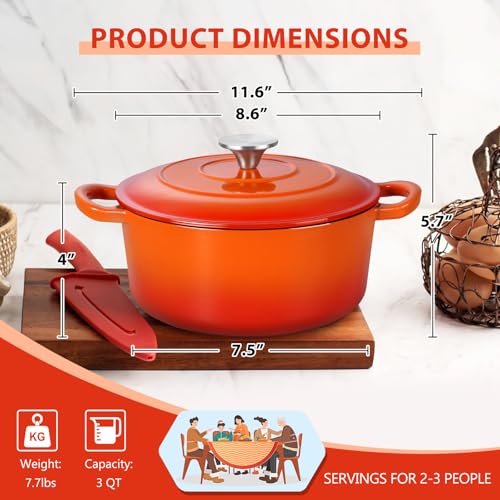 3 Qt Enameled Cast Iron Dutch Oven with Lid (3 QT-Round / Orange)