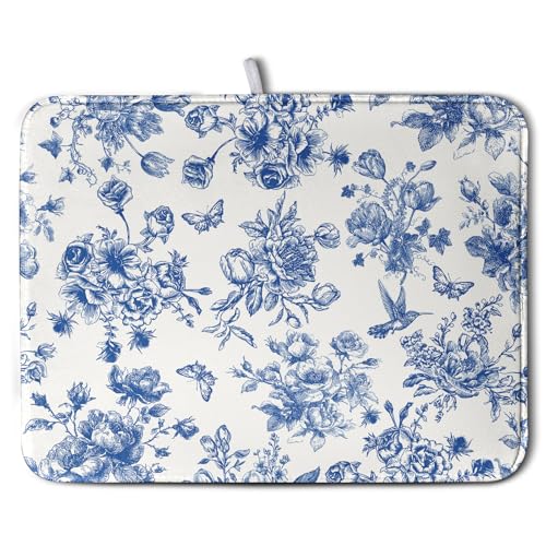 Dish Drying Mat for Kitchen Counter Blue and White Floral Drying Mats Chinoiserie Vintage Flowers Dish Drying Pad for Dishes Microfiber Absorbent Dish Drainer Rack Mat for Countertop 18x24 Inch (Floral Blue and White / 18" x 24")